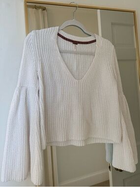 Free People White Knit Cropped Sweater – 100% Cotton – Size Large